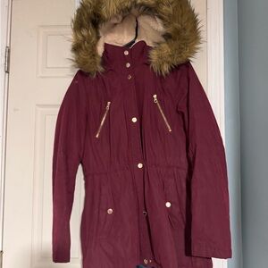 Nautica Women's Maroon Puffer Coat with Faux Fur Hood